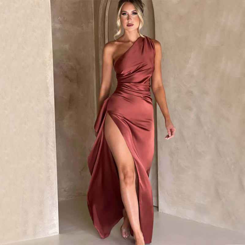 One-Shoulder Backless Slit Satin Dress – Elegant Summer Party Dress.