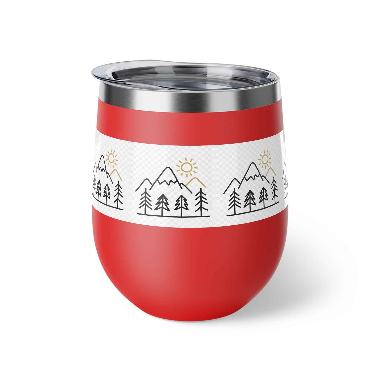 Mug, Simple Line Art Mountains and Pine Trees, 12oz Copper Vacuum Insulated Cup.