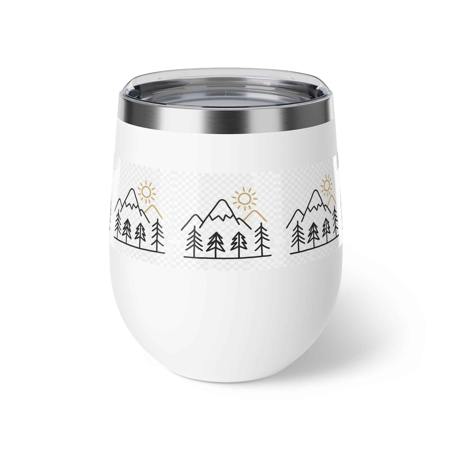Mug, Simple Line Art Mountains and Pine Trees, 12oz Copper Vacuum Insulated Cup.