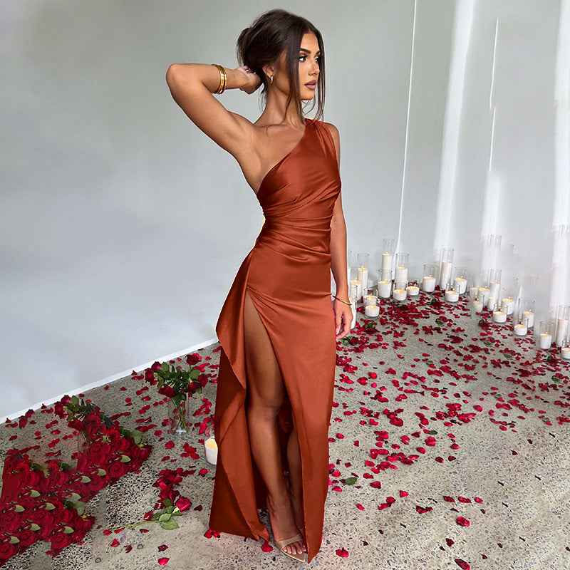 One-Shoulder Backless Slit Satin Dress – Elegant Summer Party Dress.
