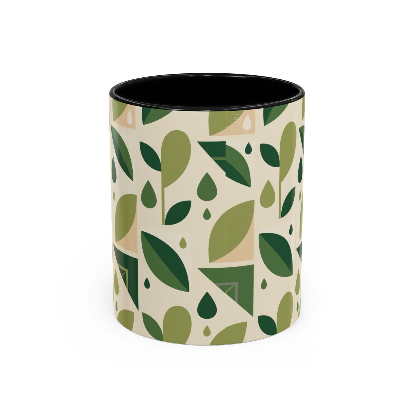 Mug - Abstract Green Leaf and Water Drop Pattern, Minimal Geometric Design.