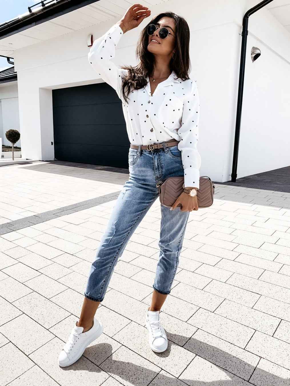 Women’s Slim Fit Polka Dot Button Shirt – Long Sleeve with Pocket.