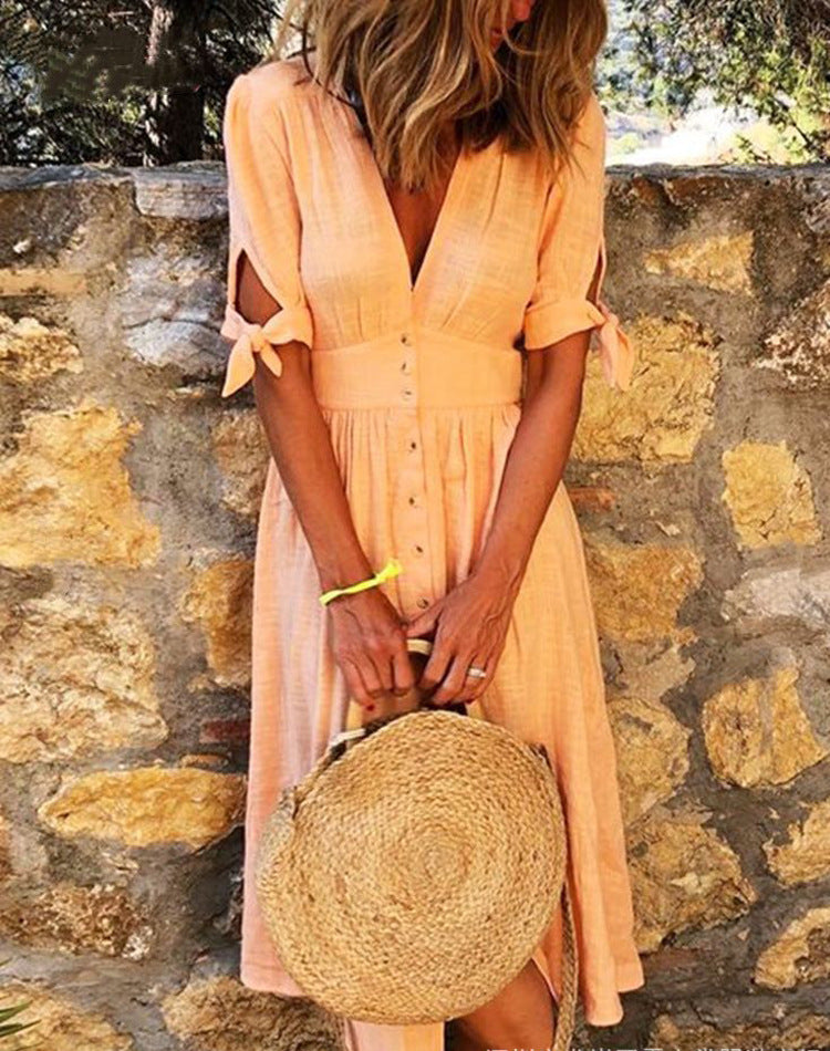 Plus Size Women’s V-Neck Lace-Up Half-Sleeve Casual Dress – Solid Color One-Piece.