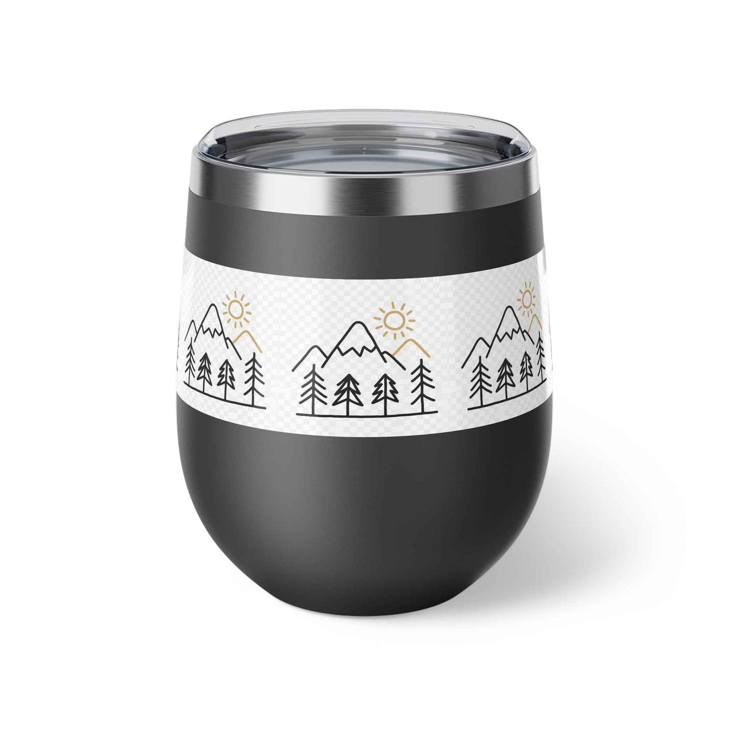 Mug, Simple Line Art Mountains and Pine Trees, 12oz Copper Vacuum Insulated Cup.