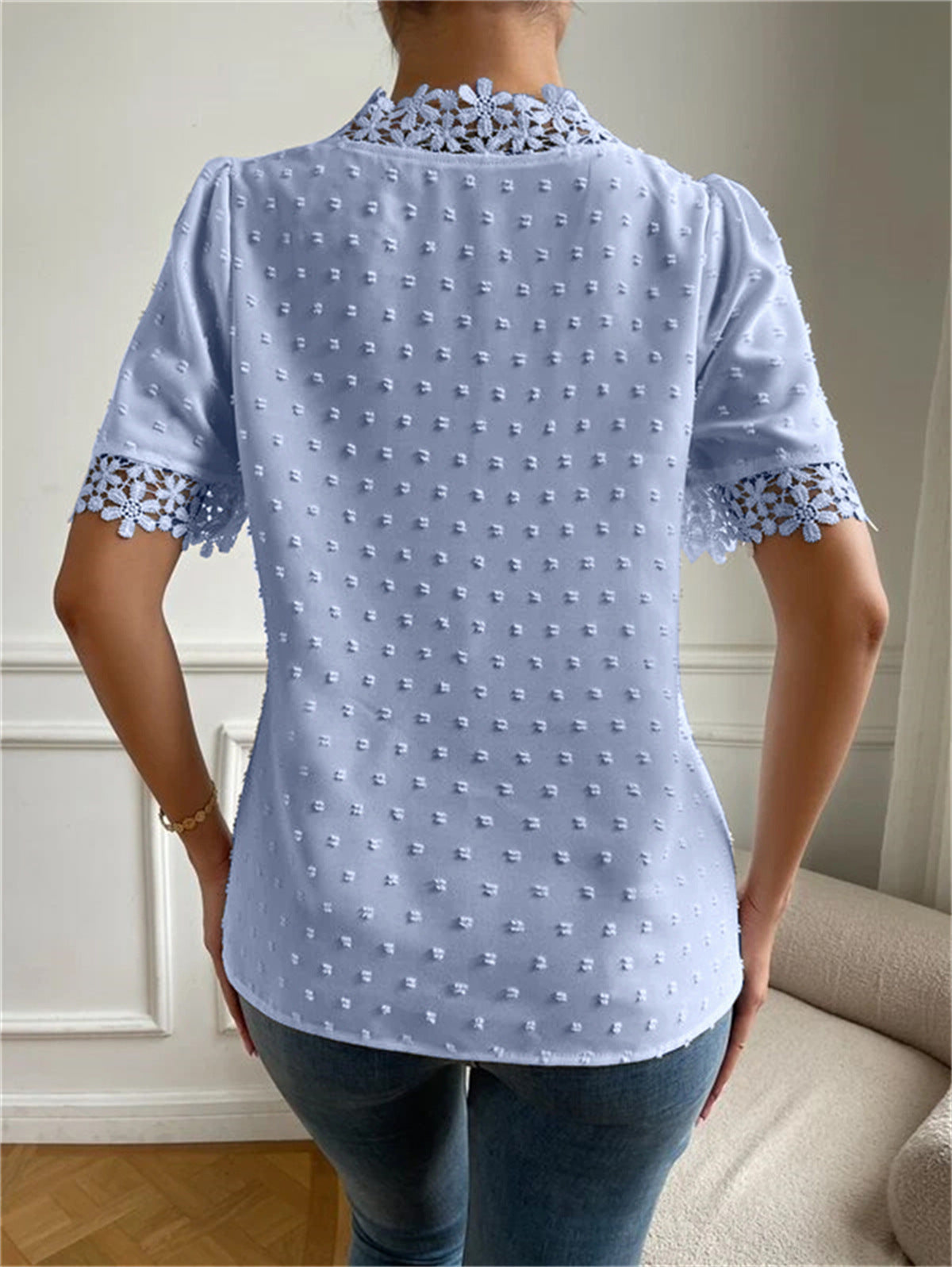 Floral Lace V-Neck Women’s Summer Top – Short Sleeve Fashion Shirt.