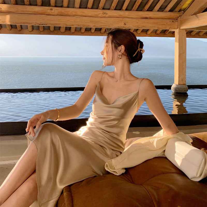 Sleek Acetate Satin Swing Neck Slip Dress – Elegant Silky Evening & Cocktail Dress for Women.