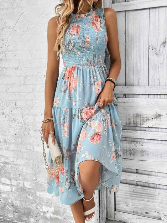 Floral Print Layered Hem Maxi Dress – Boho Vacation Beach Outfit for Women.