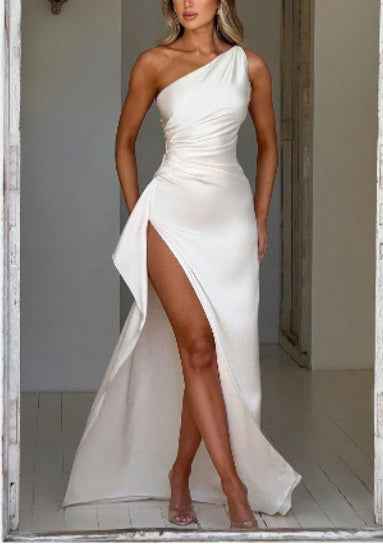 One-Shoulder Backless Slit Satin Dress – Elegant Summer Party Dress.