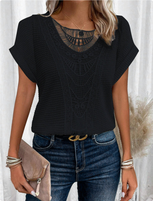 ☀️ Women’s Summer Hollow Out T-Shirt – Ethnic Style Fashion Short Sleeve Top.