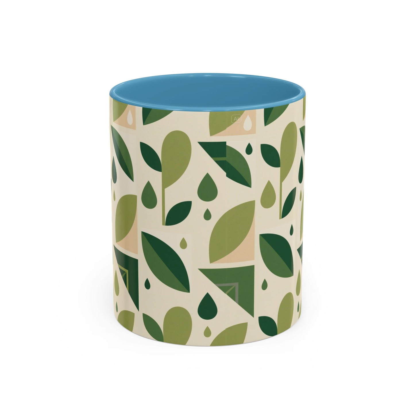 Mug - Abstract Green Leaf and Water Drop Pattern, Minimal Geometric Design.
