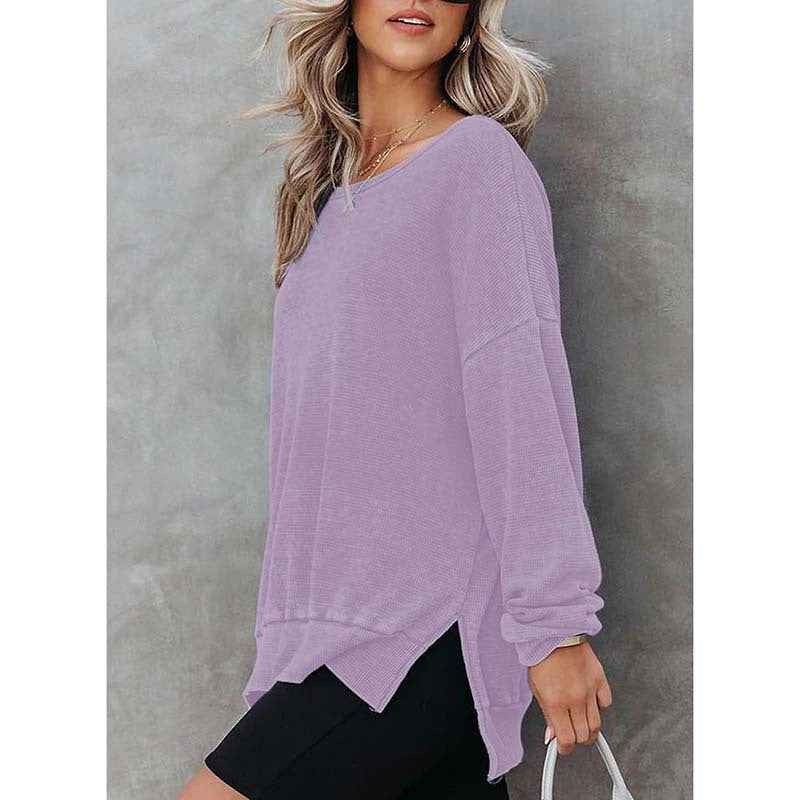 Womens Waffle Knit Crewneck Sweatshirts Long Sleeve Side Slits Casual Pullover Sweatshirt Tops.