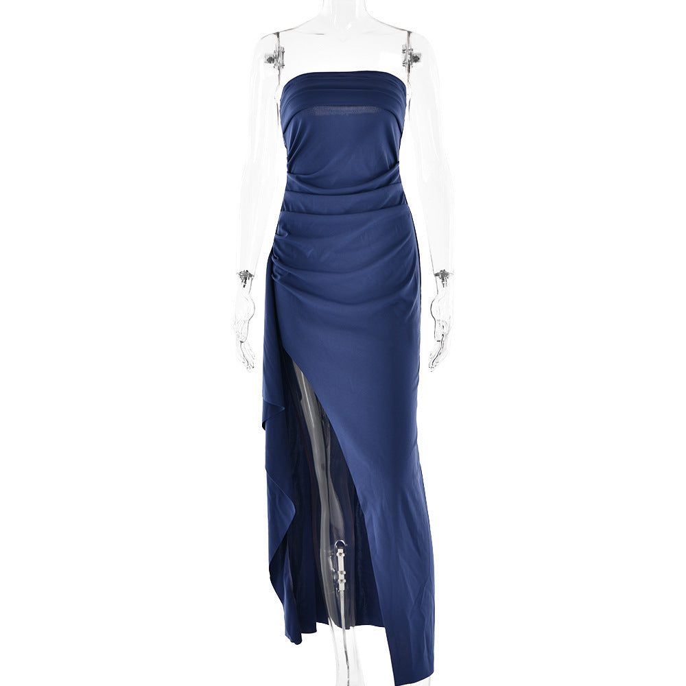 Women’s Strapless Split Long Dress – Summer Pleated Bridesmaid & Party Dress.