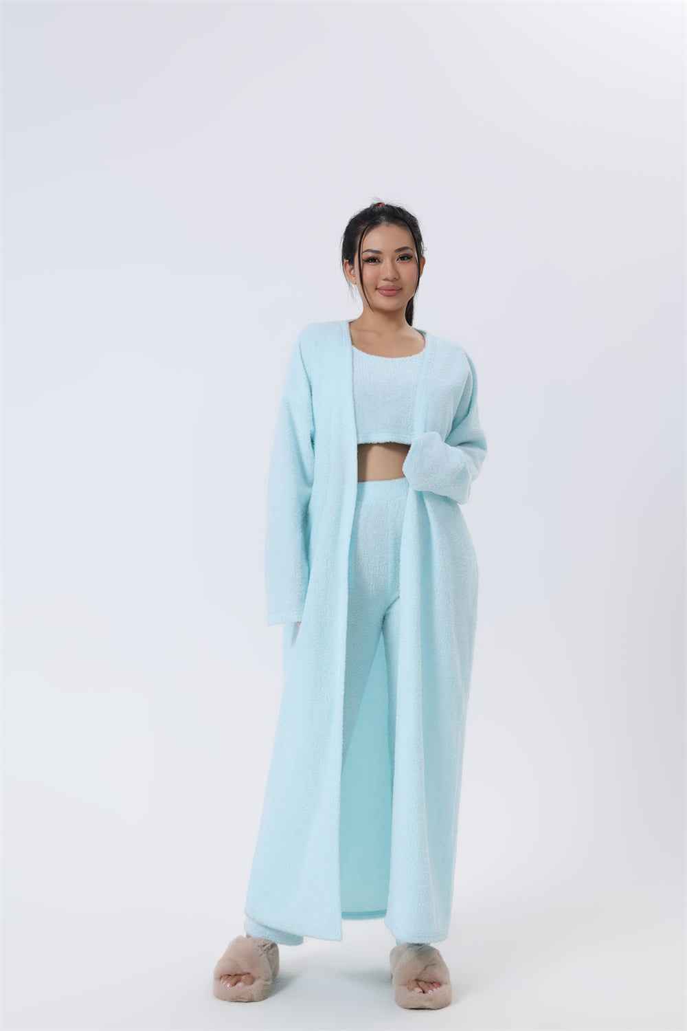 Women’s 3-Piece Cozy Winter Lounge Set – Soft Pajama Pants, Tank Top & Warm Cardigan.