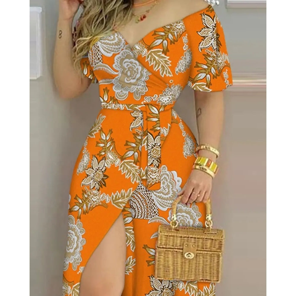 Floral Print Split Thigh Belted Wrap Maxi Dress – Elegant Boho Summer Beach & Party Dress.
