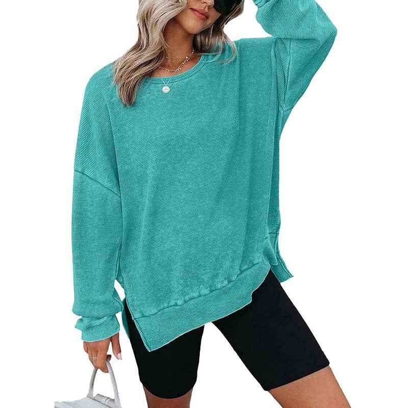 Womens Waffle Knit Crewneck Sweatshirts Long Sleeve Side Slits Casual Pullover Sweatshirt Tops.