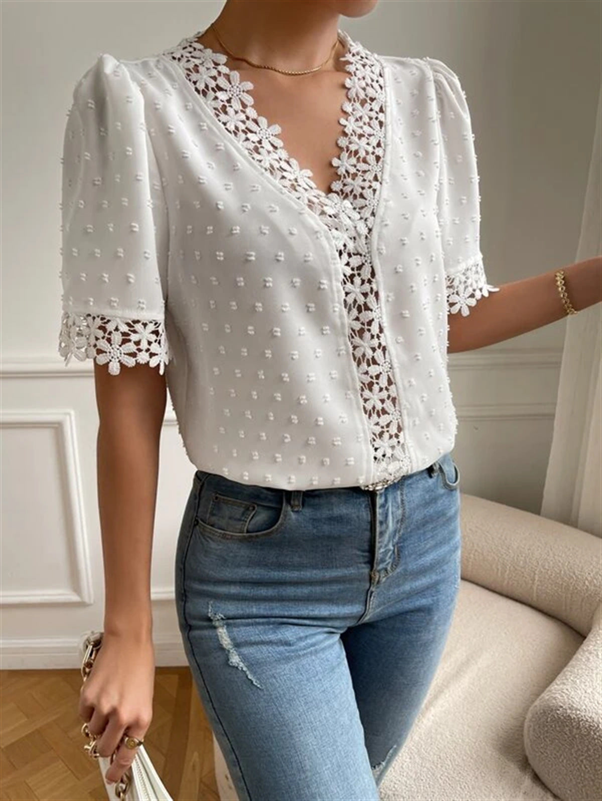 Floral Lace V-Neck Women’s Summer Top – Short Sleeve Fashion Shirt.