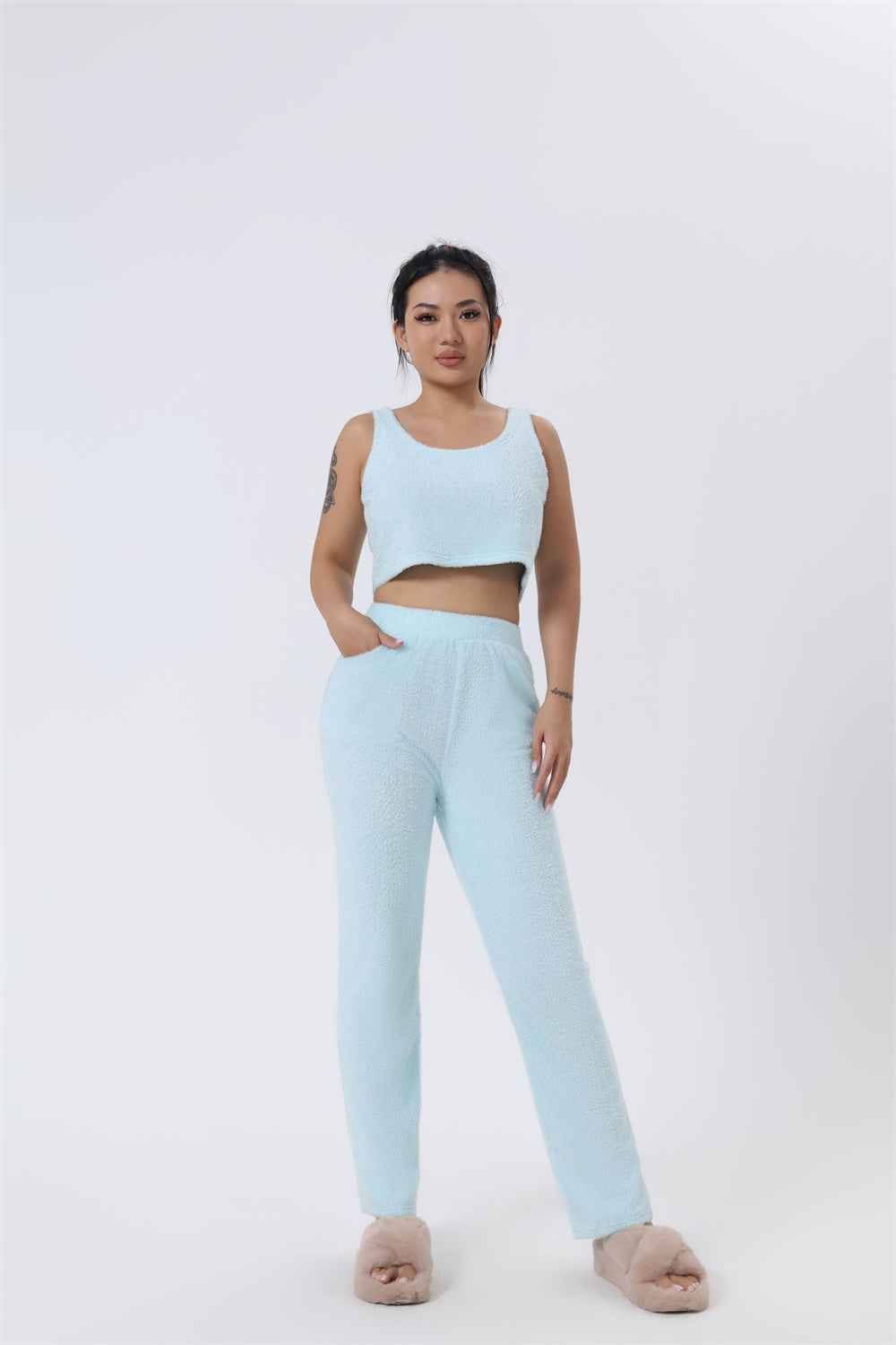 Women’s 3-Piece Cozy Winter Lounge Set – Soft Pajama Pants, Tank Top & Warm Cardigan.
