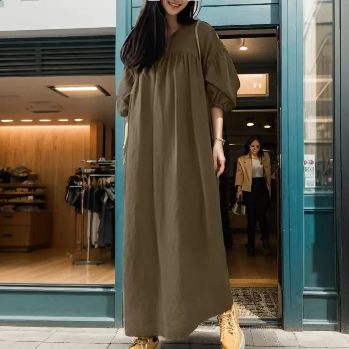Solid Color Loose V-neck Puff Sleeve Casual Cotton And Linen Dress.