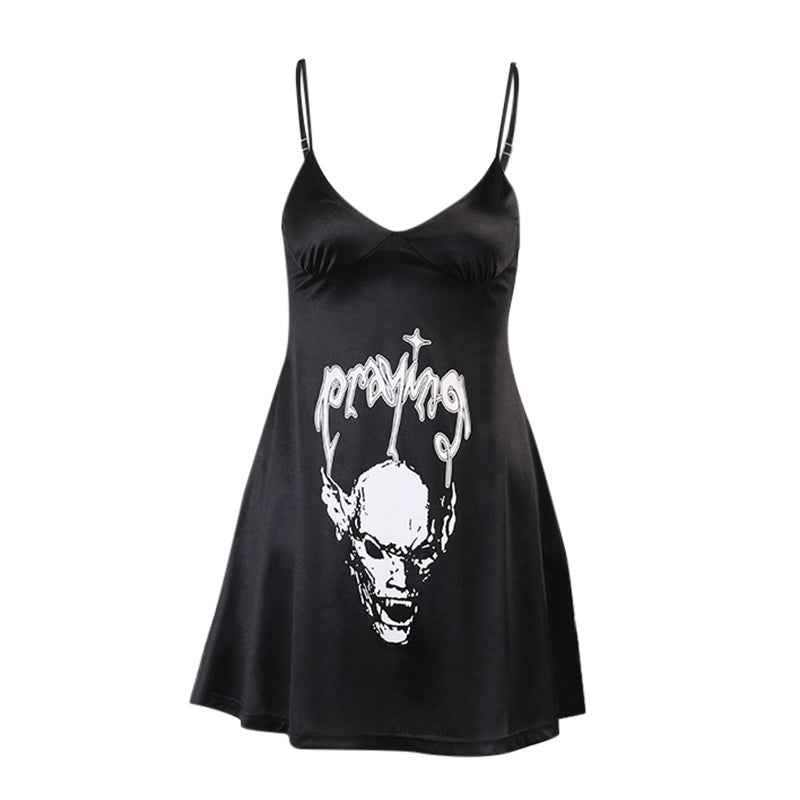Women’s Satin Dark Skull Print Slip Dress – Gothic Chic, Alternative Party Outfit.