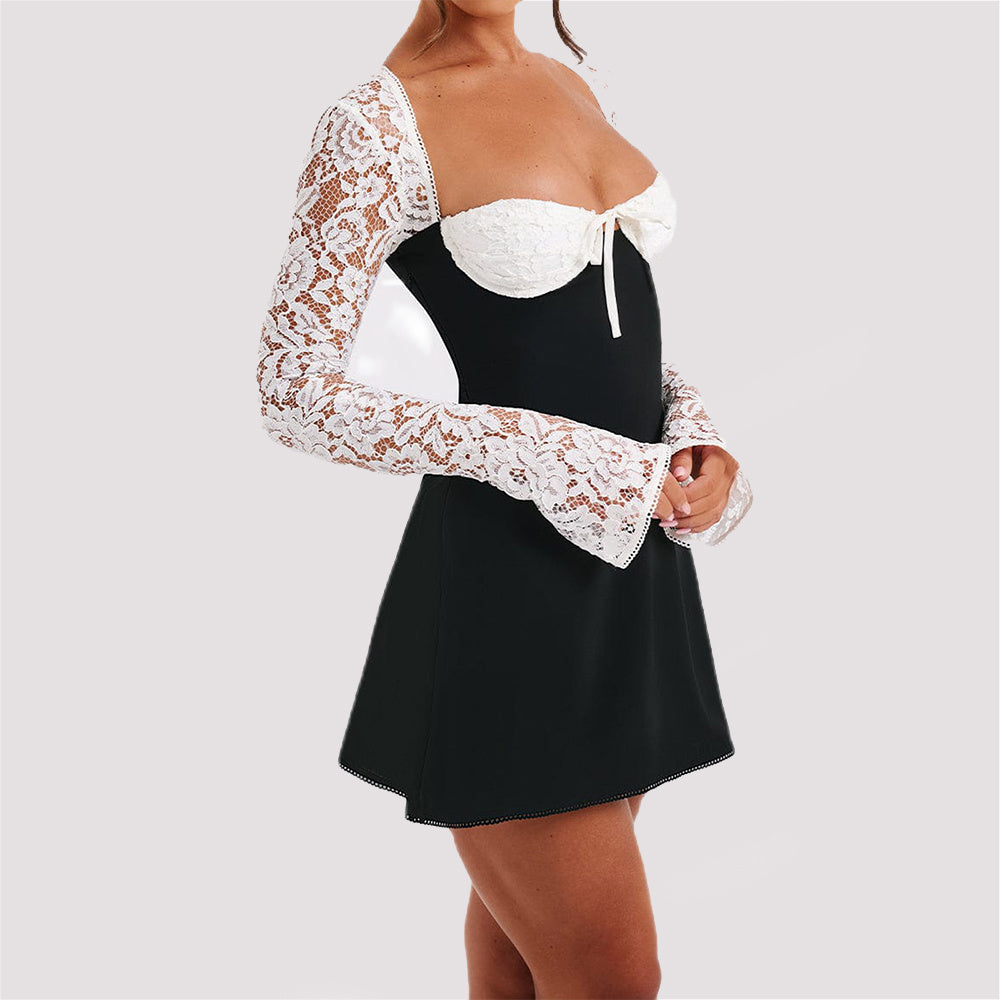 Y2K Lace Long Sleeve Dress – Sexy Corset Backless Lace-Up Short Dress for Women.