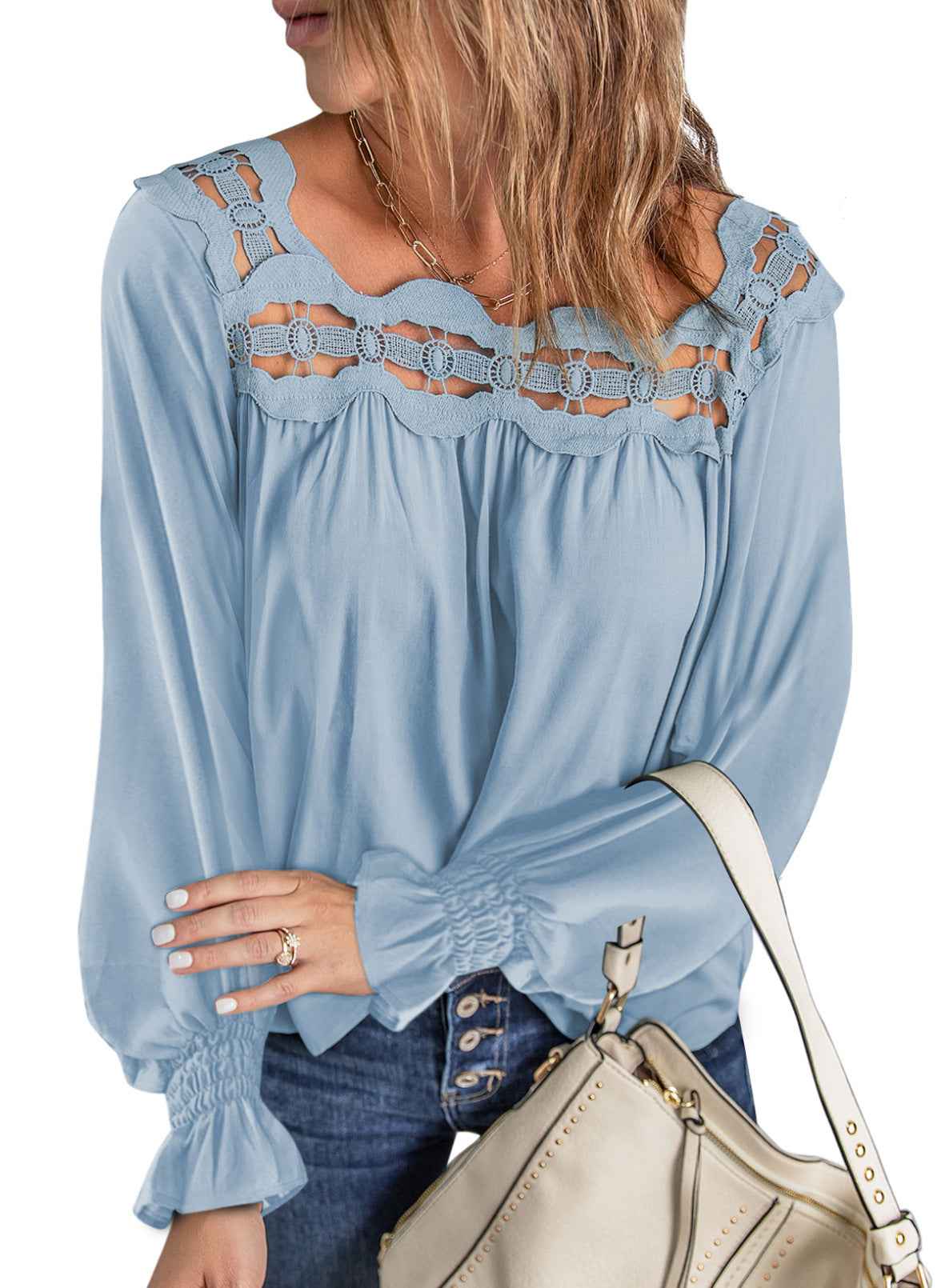 Women’s Loose Pullover Hollow Lace Square Collar Long-Sleeve Top – Autumn & Winter Fashion.