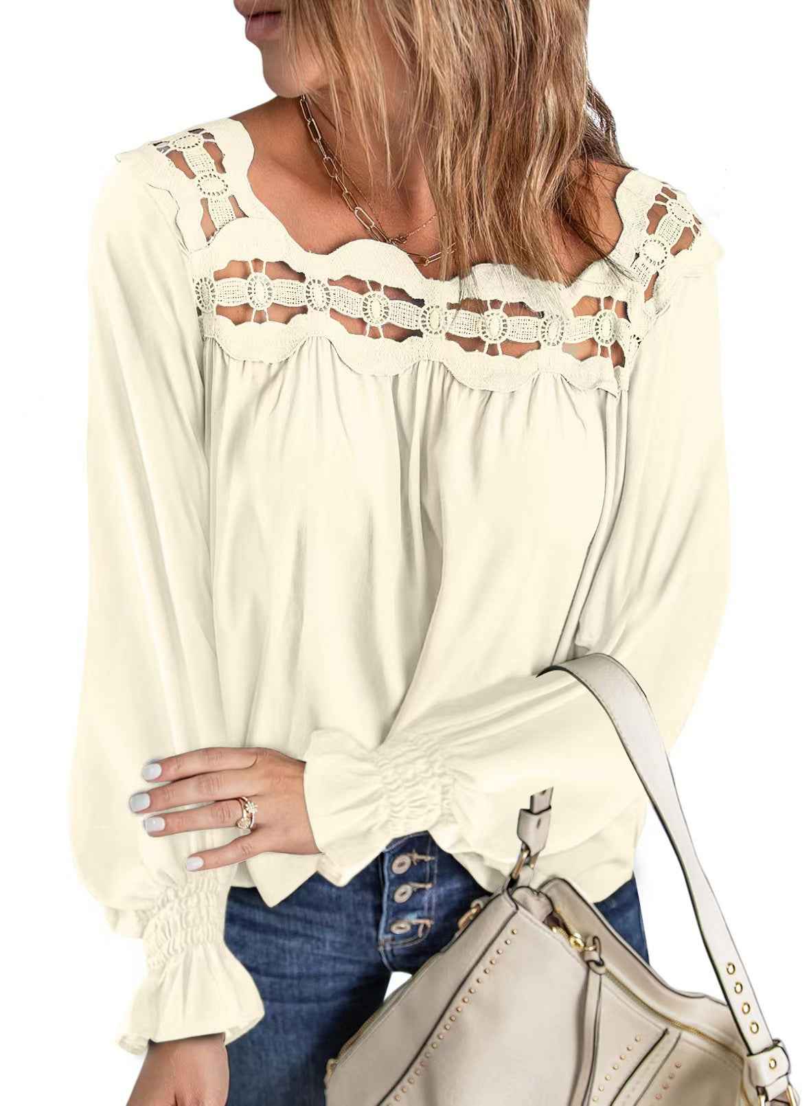 Women’s Loose Pullover Hollow Lace Square Collar Long-Sleeve Top – Autumn & Winter Fashion.