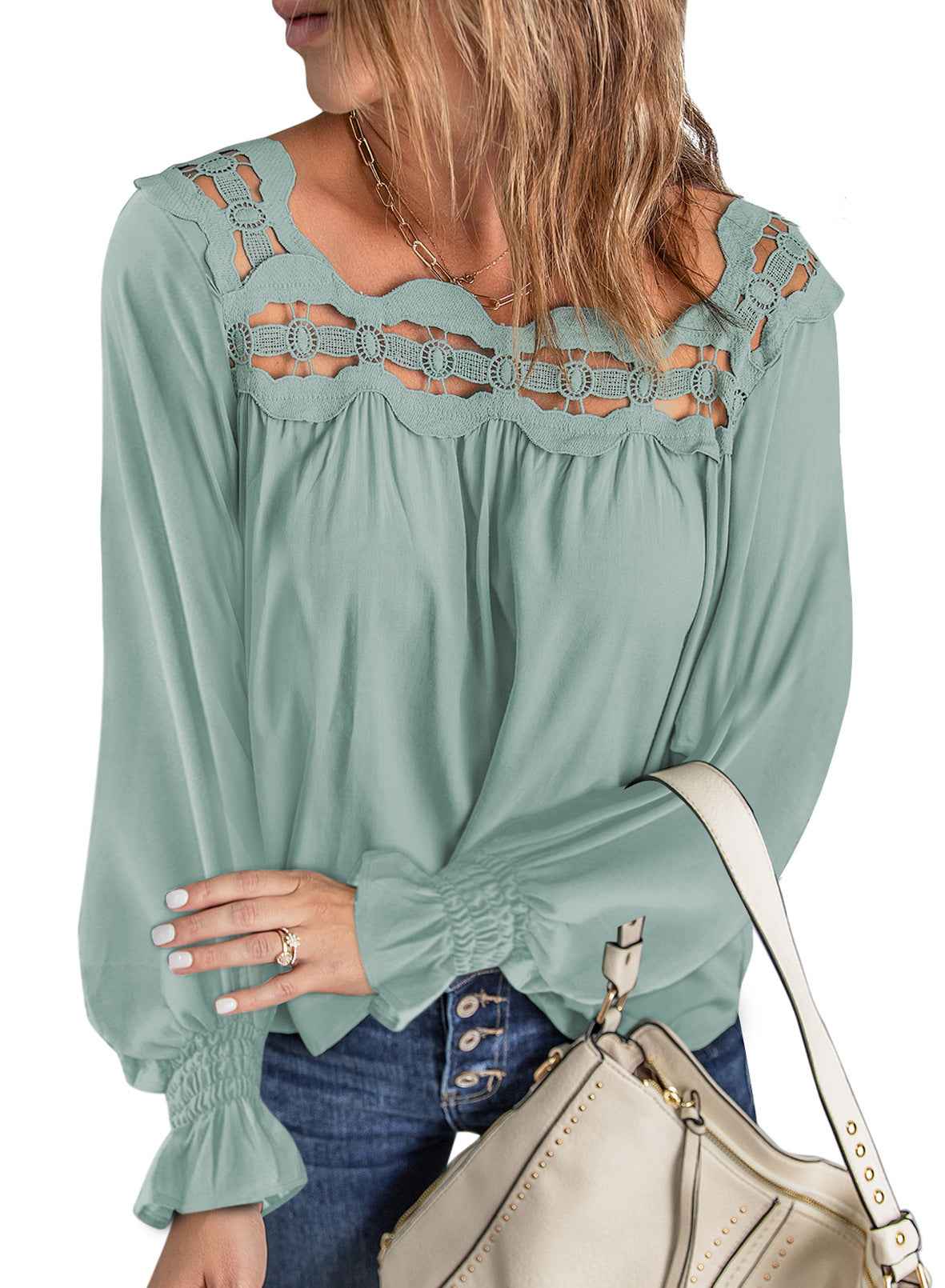 Women’s Loose Pullover Hollow Lace Square Collar Long-Sleeve Top – Autumn & Winter Fashion.