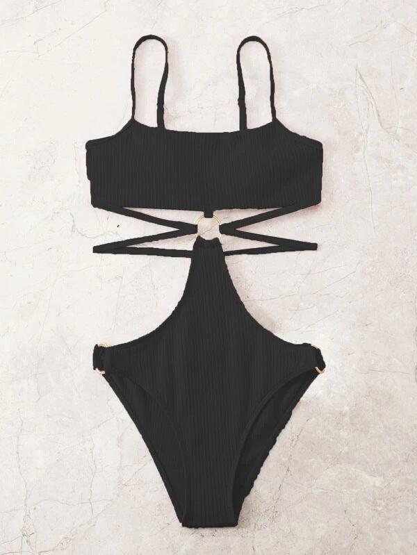 Women’s Sexy Hollow Solid Color One-Piece Swimsuit – Stylish Swimwear.