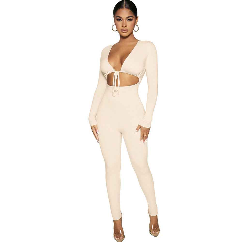 Women’s Sexy Lace-Up Hollow Crop Top & Slim-Fit Pants 2-Piece Set – Solid Color Fashion Outfit.