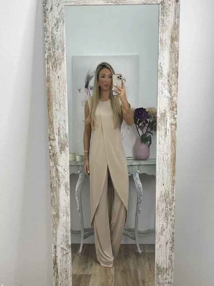 Women’s Summer Casual Sleeveless Loose Round Neck Two-Piece Set with Pants.