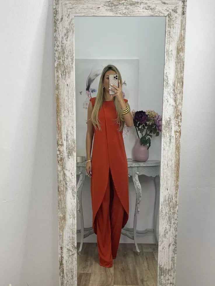 Women’s Summer Casual Sleeveless Loose Round Neck Two-Piece Set with Pants.