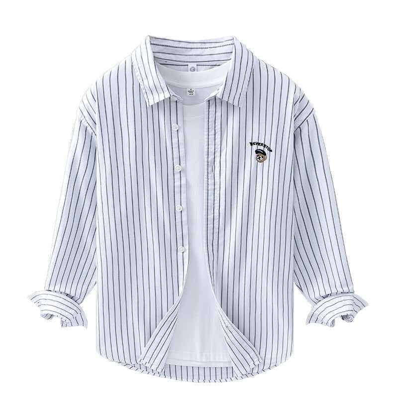 Men’s Casual Embroidered Striped Cotton Long-Sleeve Shirt – Japanese Style Spring & Autumn Fashion.