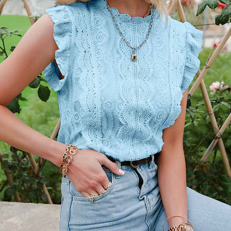 Women’s White Lace Sleeveless Short Top – Casual Ruffled Stitching Solid Shirt.