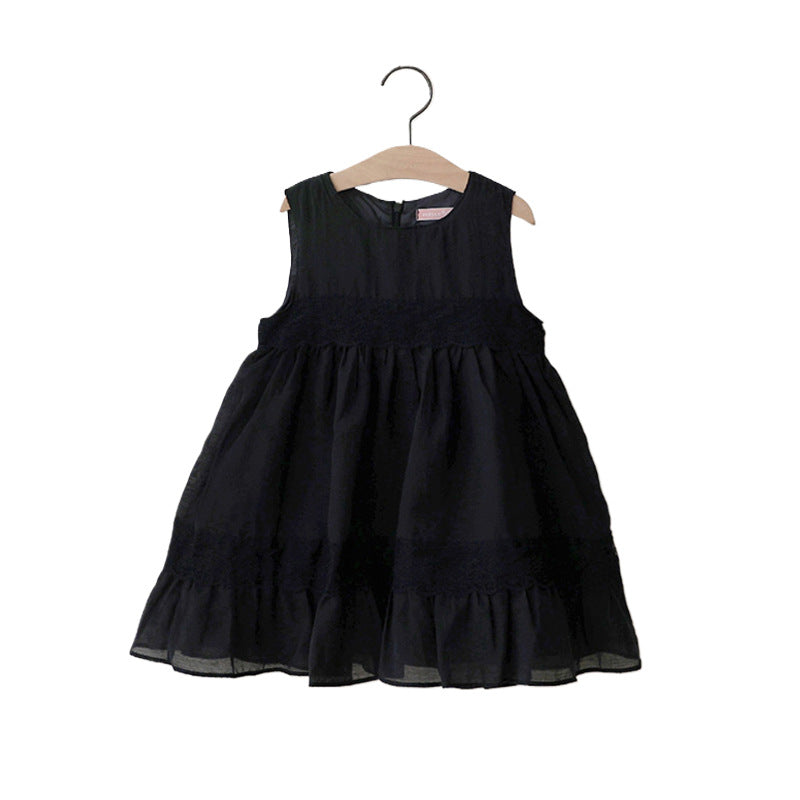 Girls’ Spring Strawberry Shan Cotton Lace Tank Top Dress – Solid Color French Style.