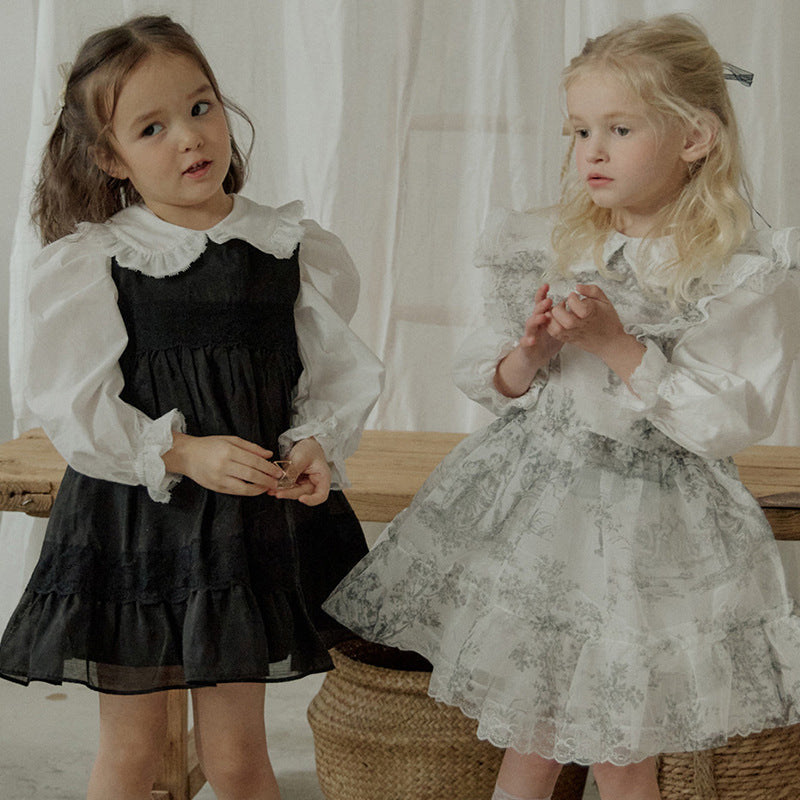 Girls’ Spring Strawberry Shan Cotton Lace Tank Top Dress – Solid Color French Style.