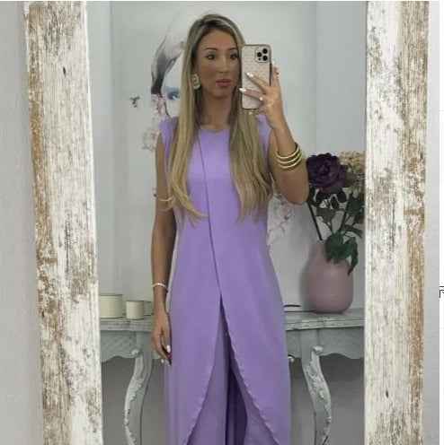 Women’s Summer Casual Sleeveless Loose Round Neck Two-Piece Set with Pants.