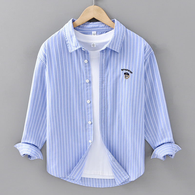 Men’s Casual Embroidered Striped Cotton Long-Sleeve Shirt – Japanese Style Spring & Autumn Fashion.