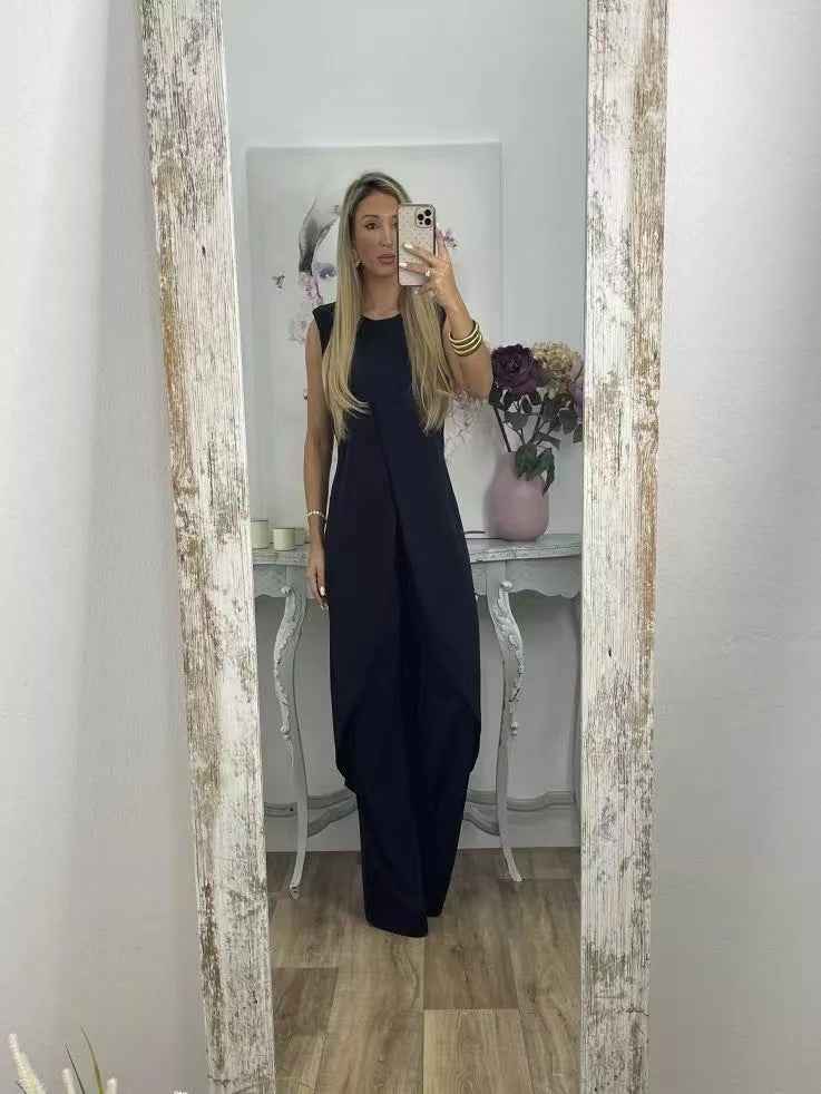 Women’s Summer Casual Sleeveless Loose Round Neck Two-Piece Set with Pants.