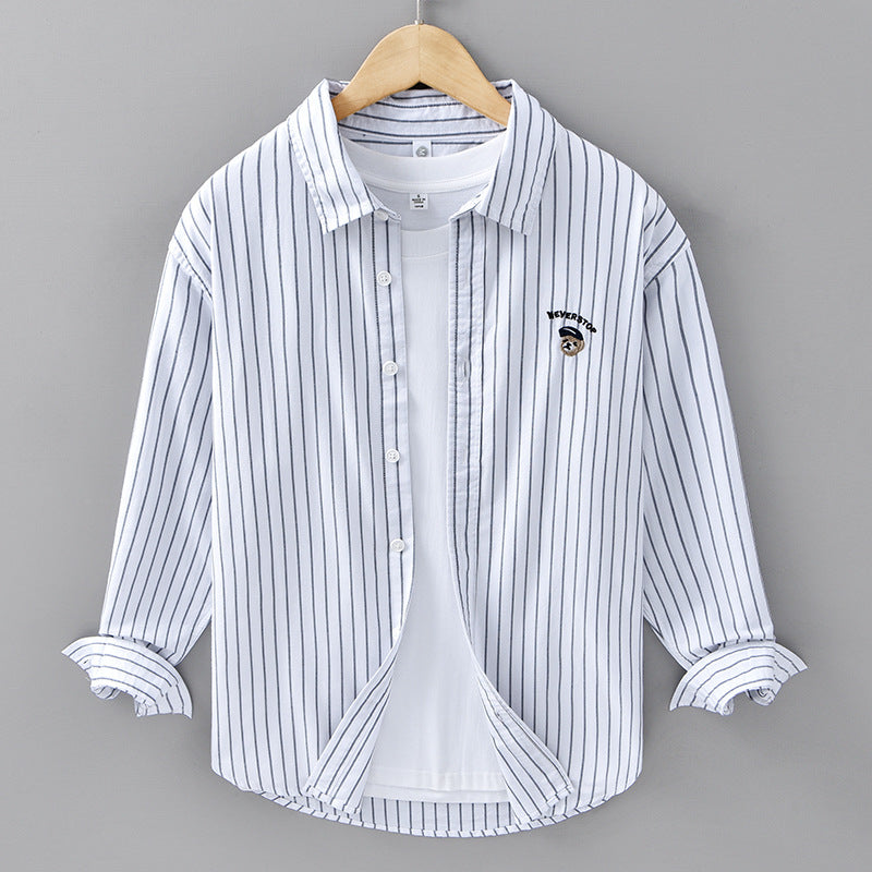 Men’s Casual Embroidered Striped Cotton Long-Sleeve Shirt – Japanese Style Spring & Autumn Fashion.