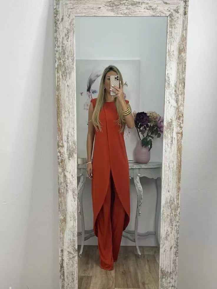 Women’s Summer Casual Sleeveless Loose Round Neck Two-Piece Set with Pants.