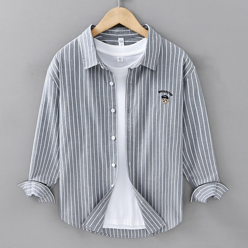 Men’s Casual Embroidered Striped Cotton Long-Sleeve Shirt – Japanese Style Spring & Autumn Fashion.