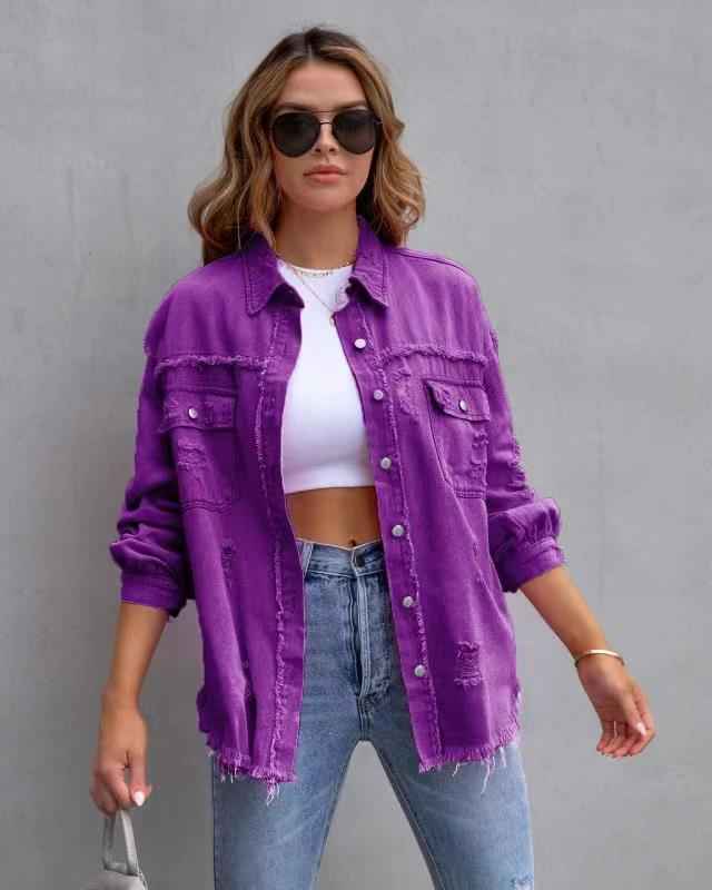 Fashion Ripped Shirt Jacket – Women’s Autumn & Spring Casual Top.