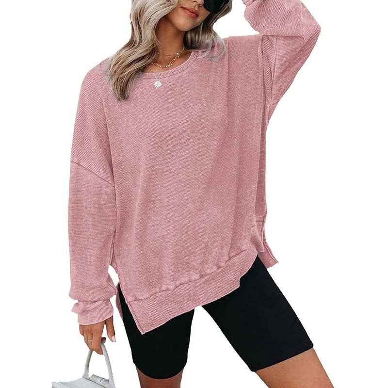 Womens Waffle Knit Crewneck Sweatshirts Long Sleeve Side Slits Casual Pullover Sweatshirt Tops.