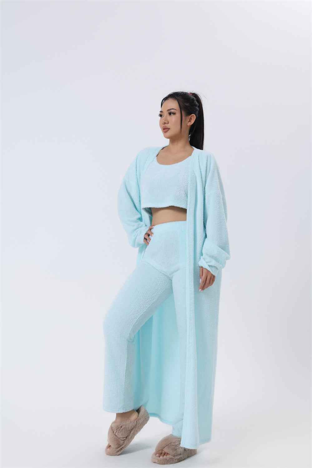 Women’s 3-Piece Cozy Winter Lounge Set – Soft Pajama Pants, Tank Top & Warm Cardigan.