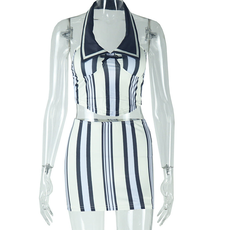 Women’s Sleeveless Halter Striped Skirt Set – Figure-Hugging Two-Piece Summer Outfit.