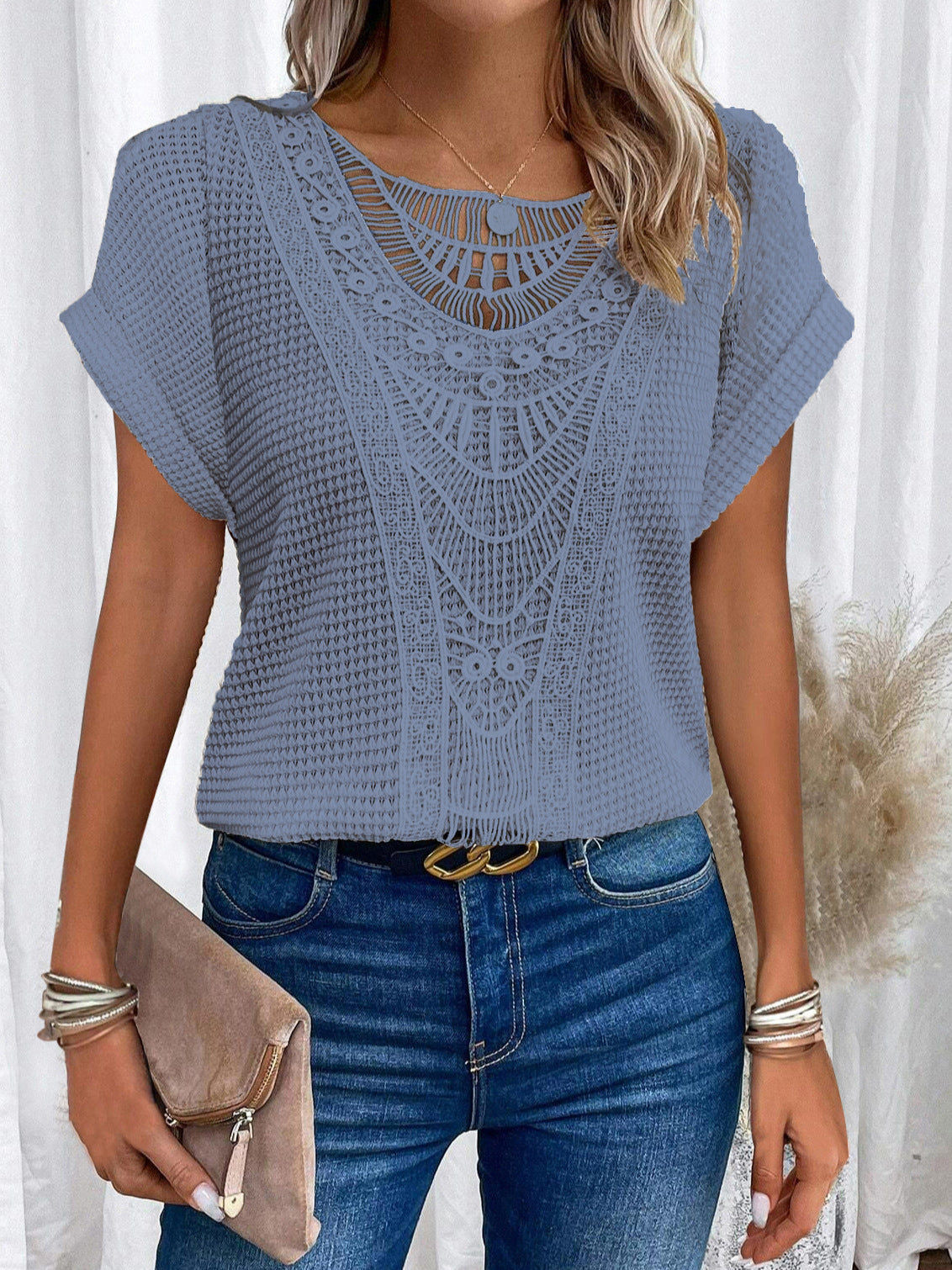 ☀️ Women’s Summer Hollow Out T-Shirt – Ethnic Style Fashion Short Sleeve Top.