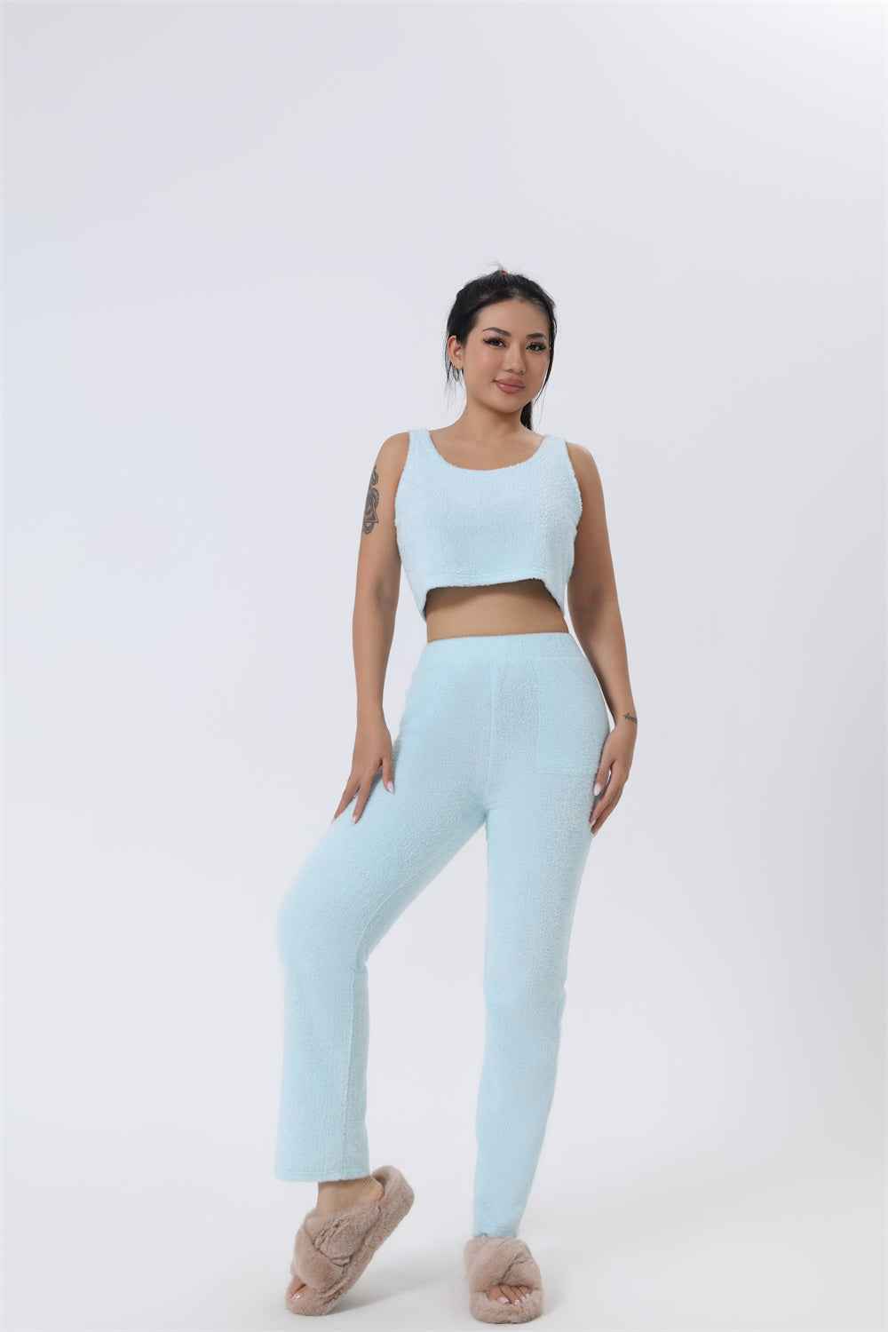 Women’s 3-Piece Cozy Winter Lounge Set – Soft Pajama Pants, Tank Top & Warm Cardigan.