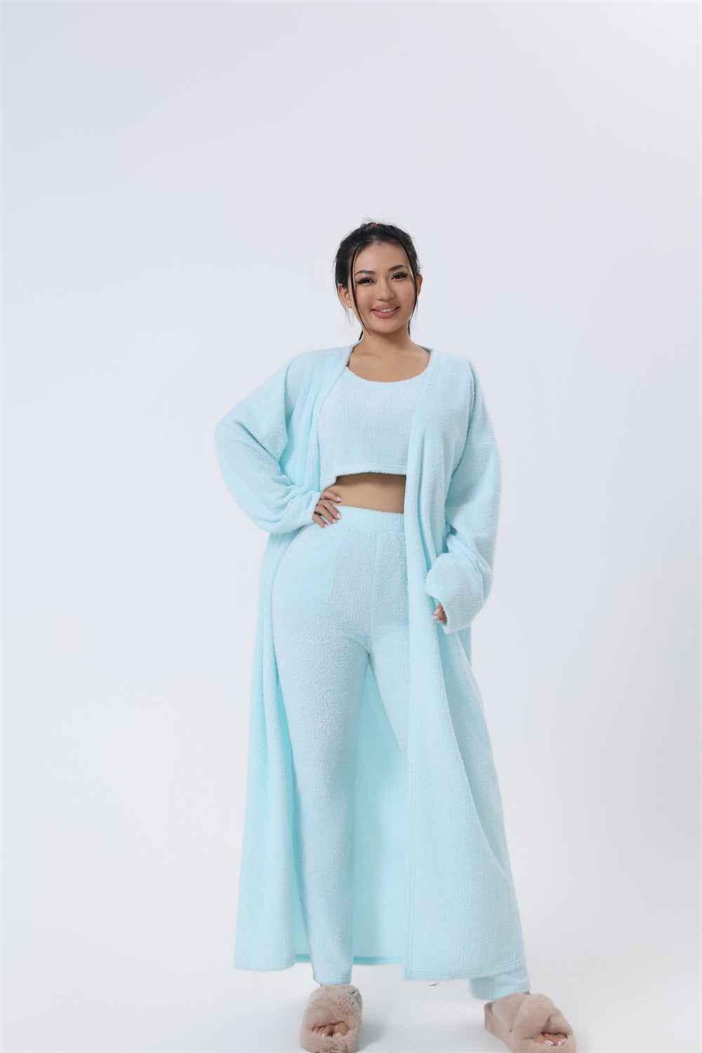 Women’s 3-Piece Cozy Winter Lounge Set – Soft Pajama Pants, Tank Top & Warm Cardigan.