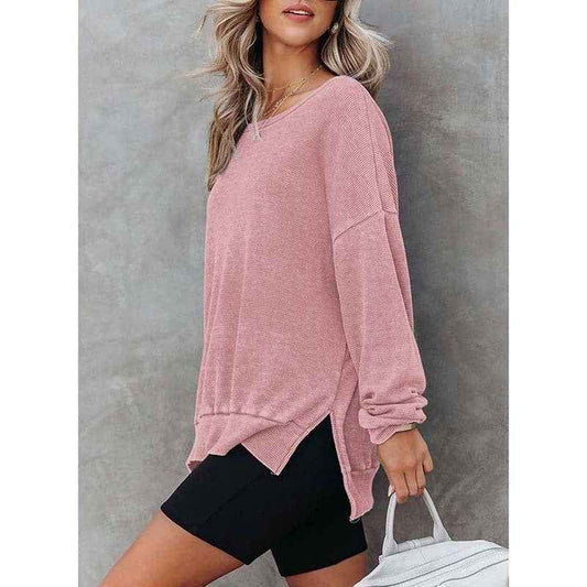 Womens Waffle Knit Crewneck Sweatshirts Long Sleeve Side Slits Casual Pullover Sweatshirt Tops.