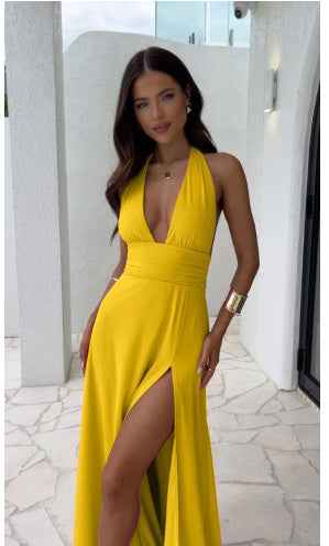 Sexy Halterneck V-Neck Slit Dress – Summer Backless Party Dress.